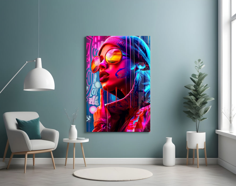 Stylish Woman glass wall art styled above a sideboard in a media room