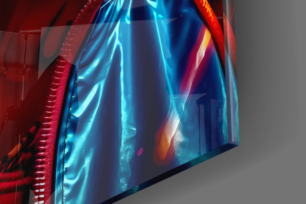 Neon-muse artwork anchoring a wall with magenta-and-orange palette