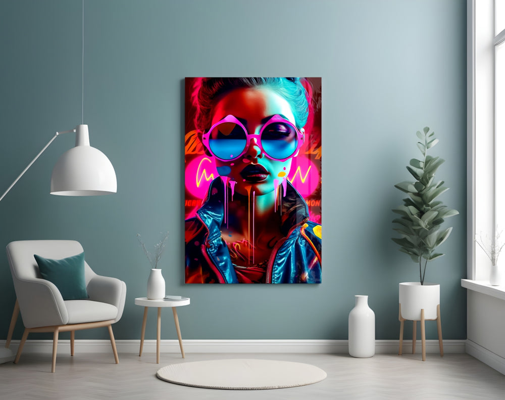 Stylish Woman glass wall art styled above a sideboard in a media room