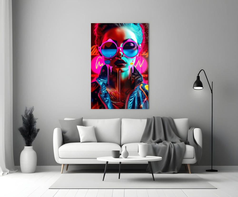 Stylish Woman close-up showing pink sunglasses and orange-magenta drips