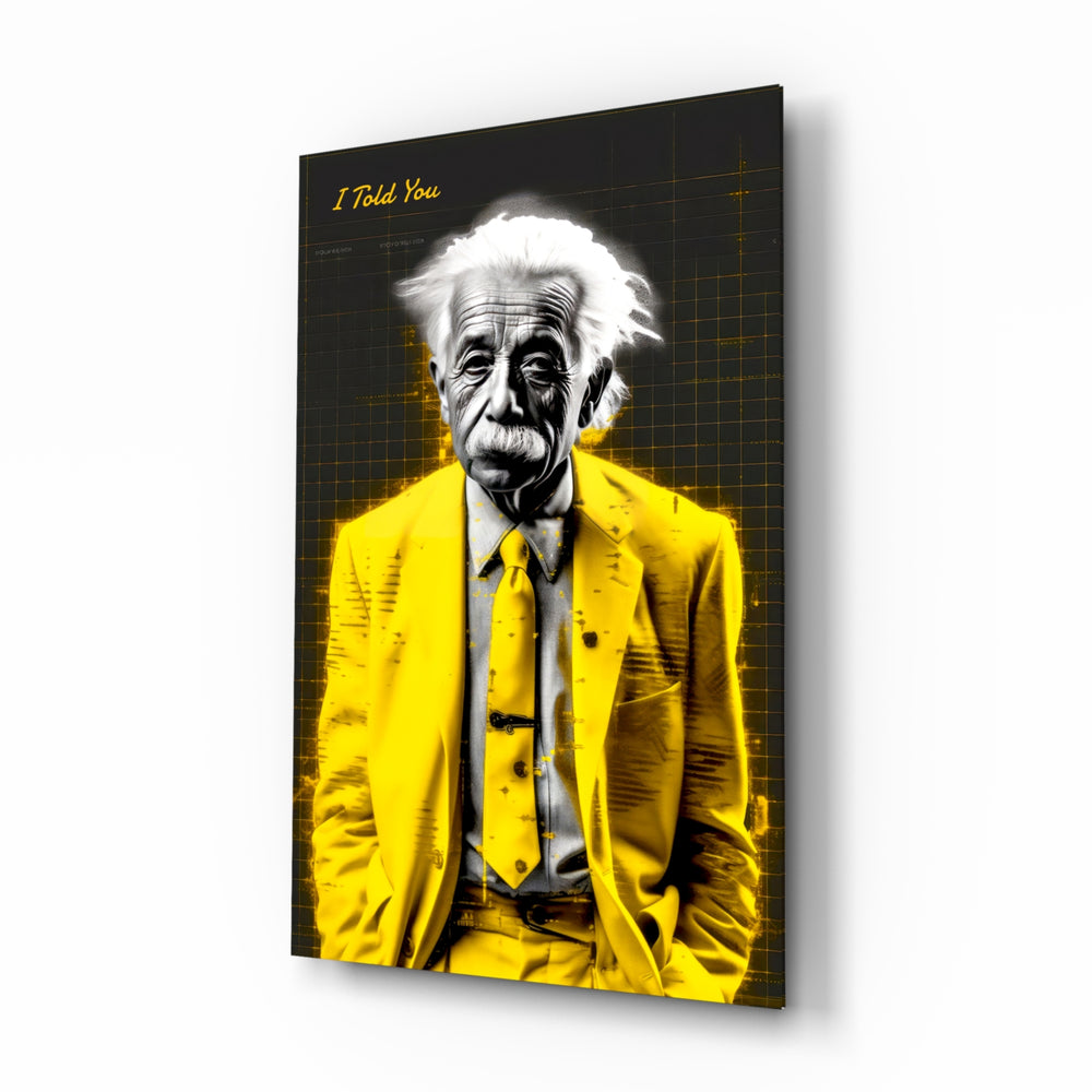 I Told You Einstein glass wall art displayed above a leather chesterfield in a contemporary study
