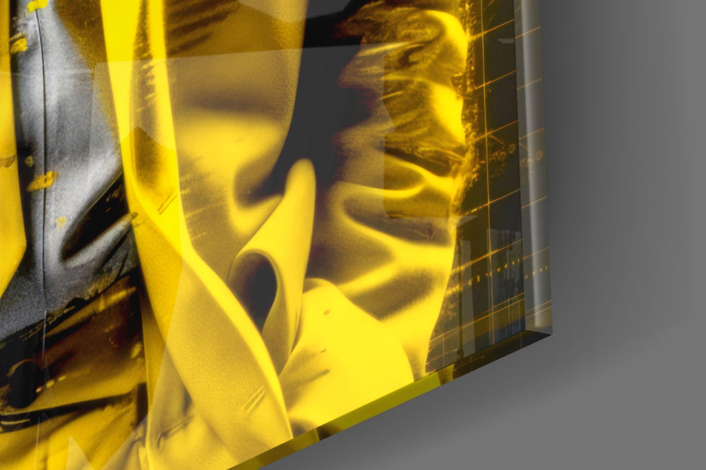 Thinker-muse artwork anchoring a wall with canary-and-graphite palette