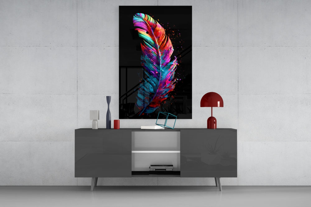 Feather panel catching lamp light to reveal its iridescent glow