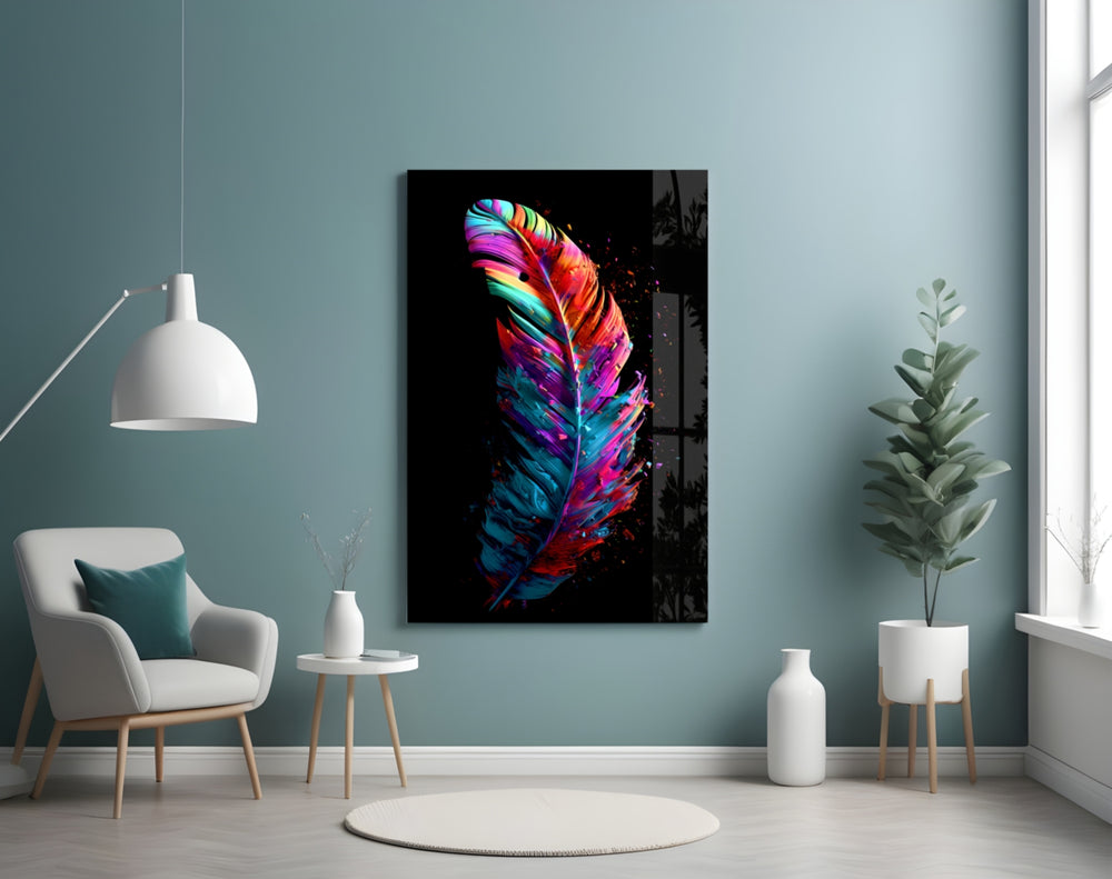 Feather glass wall art styled above a leather chesterfield in a study