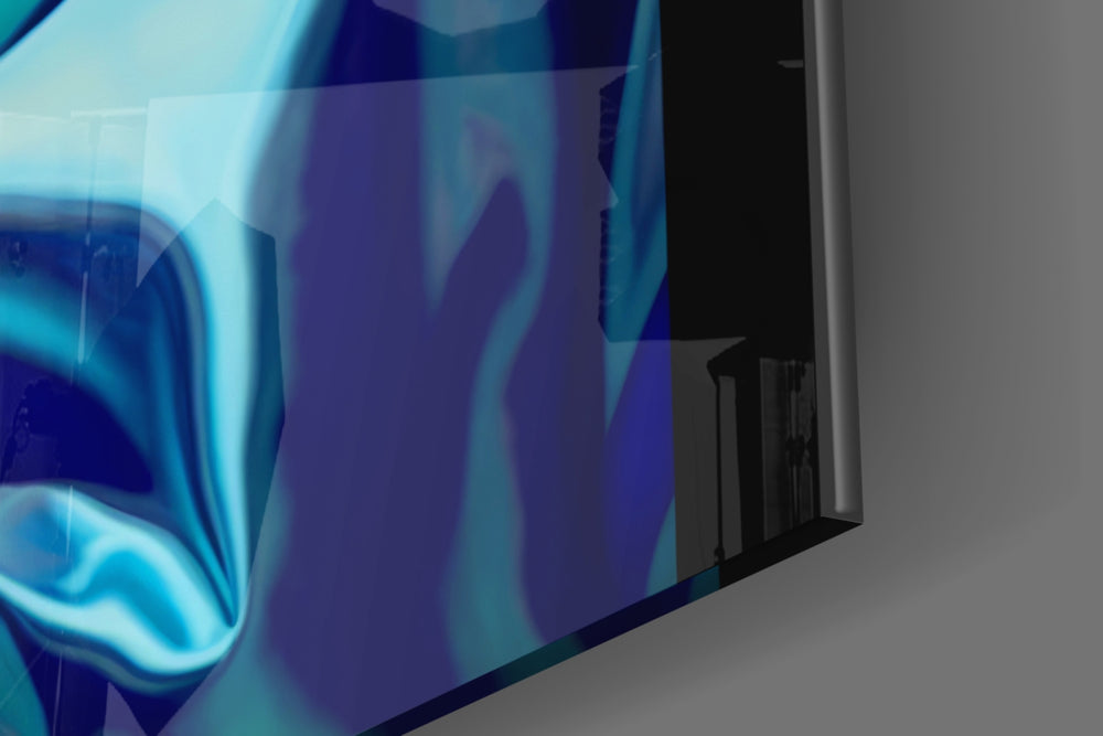 Pearl-muse artwork anchoring a wall with sapphire-and-magenta palette