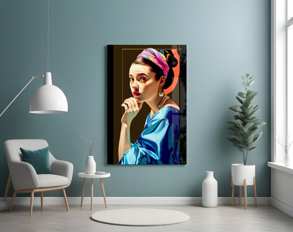 Girl With A Pearl Earring glass wall art styled above a leather chesterfield in a study