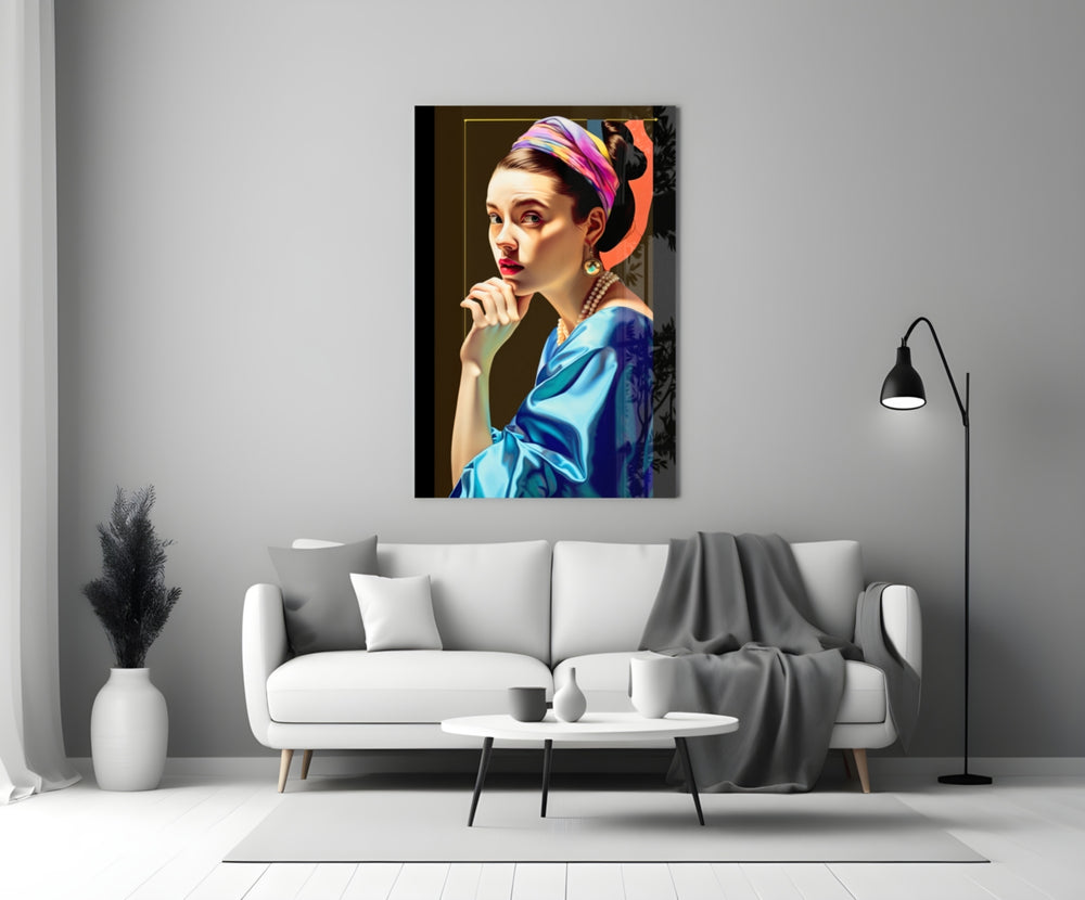 Girl With A Pearl Earring close-up showing magenta-saffron turban and pearl earring