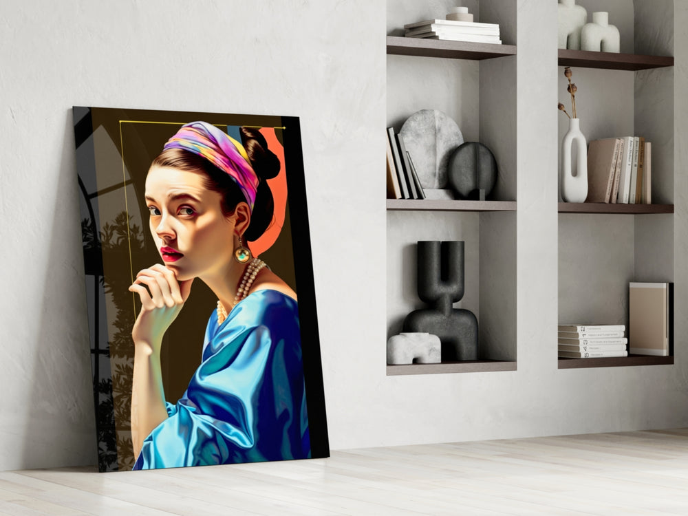 Girl With A Pearl Earring glass print enhancing a powder room with statement palette