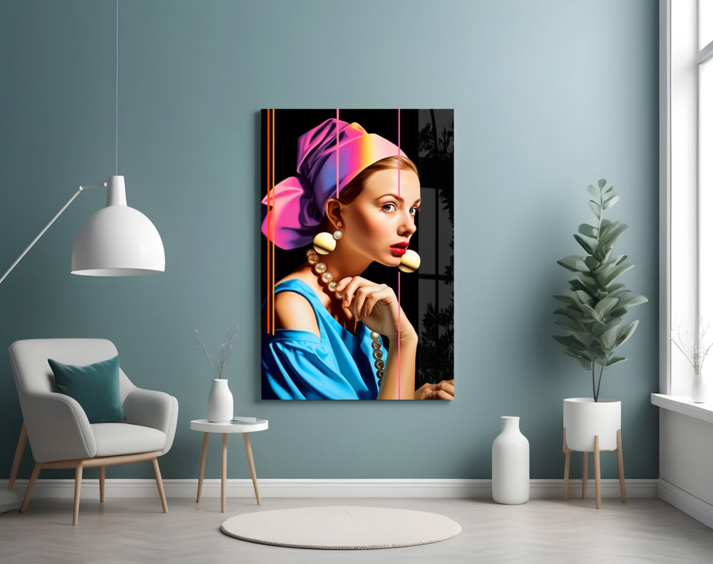Girl With A Pearl Earring glass wall art styled above a leather chesterfield in a study