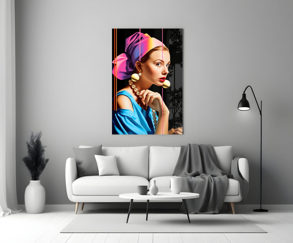 Girl With A Pearl Earring close-up showing magenta-amber turban and oversized pearl earring
