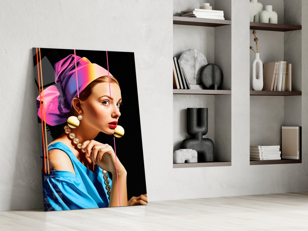 Girl With A Pearl Earring glass print enhancing a powder room with statement palette