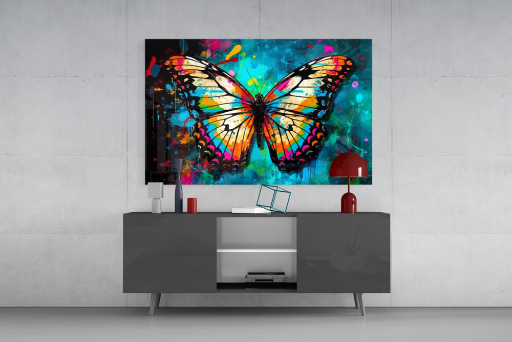 Butterfly panel catching lamp light to reveal its painterly fire