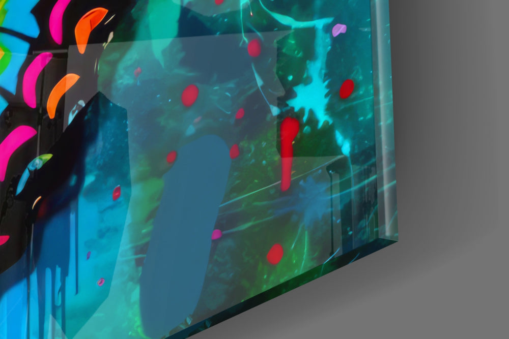 Winged-muse artwork anchoring a wall with scarlet-and-teal palette
