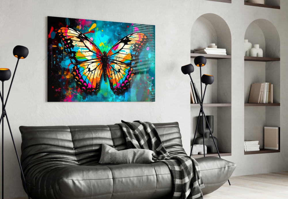 Butterfly glass wall art styled above a velvet bench in a salon
