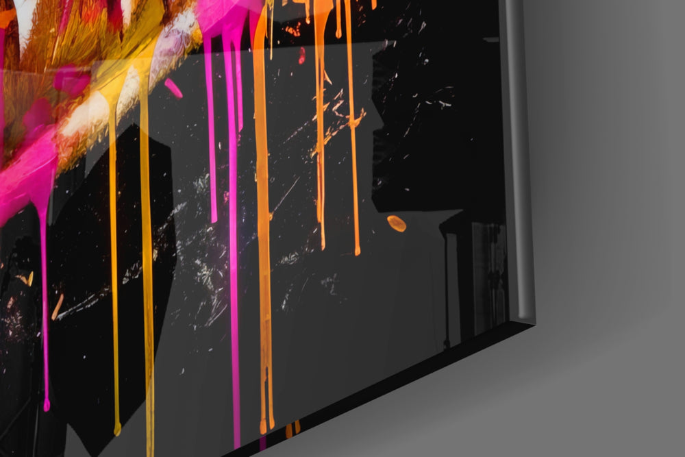 Kiss-muse artwork anchoring a wall with magenta-and-amber palette
