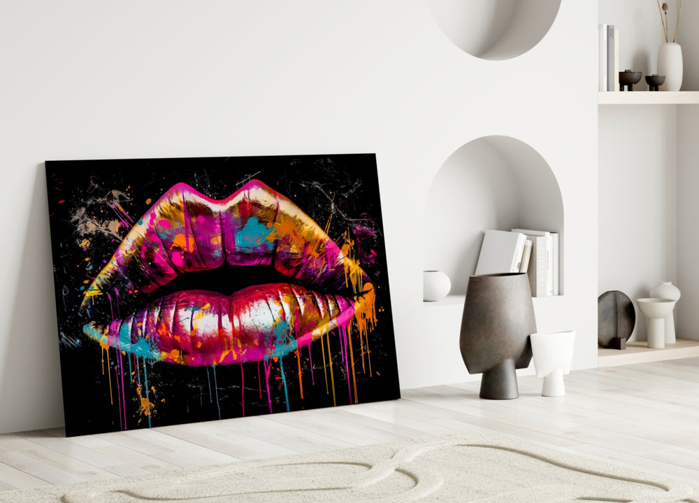 Lips close-up showing magenta-and-amber lip splatter