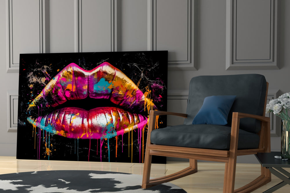 Lips glass print enhancing a salon mirror wall with statement palette