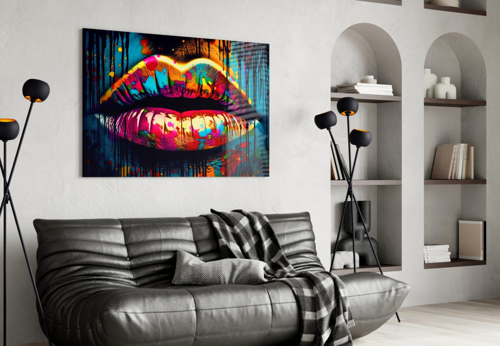 Lips glass wall art styled above a velvet bench in a powder room