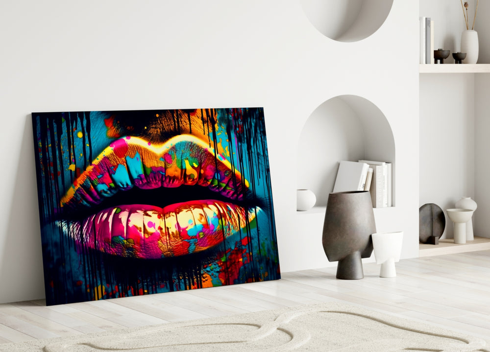 Lips close-up showing magenta-and-cyan dripping splatter
