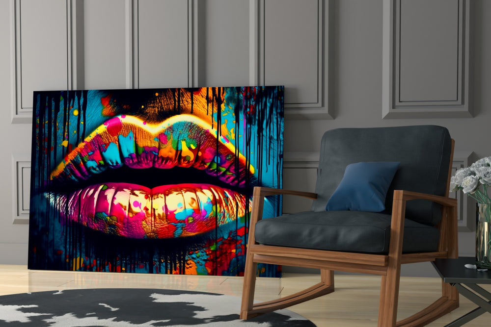 Lips glass print enhancing a salon mirror wall with statement palette