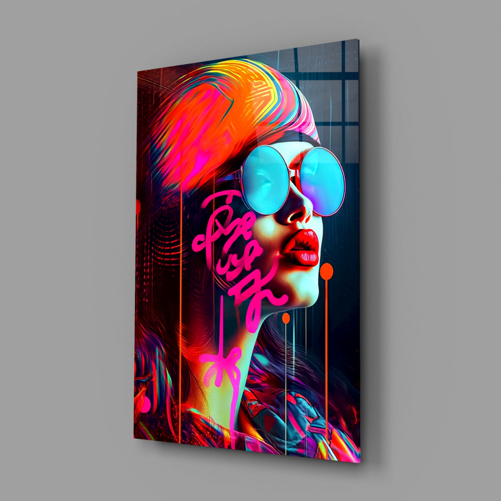 Cyberpunk-pop panel bringing cinematic glow to a contemporary dressing room
