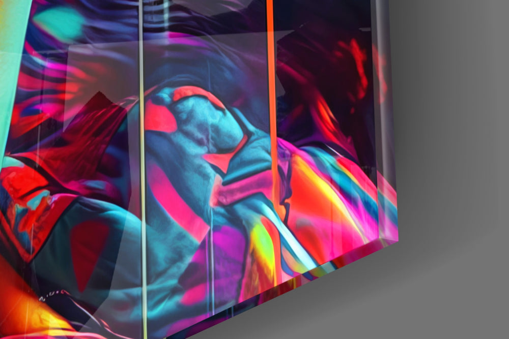 Graffiti-muse artwork anchoring a wall with cyan-and-magenta palette