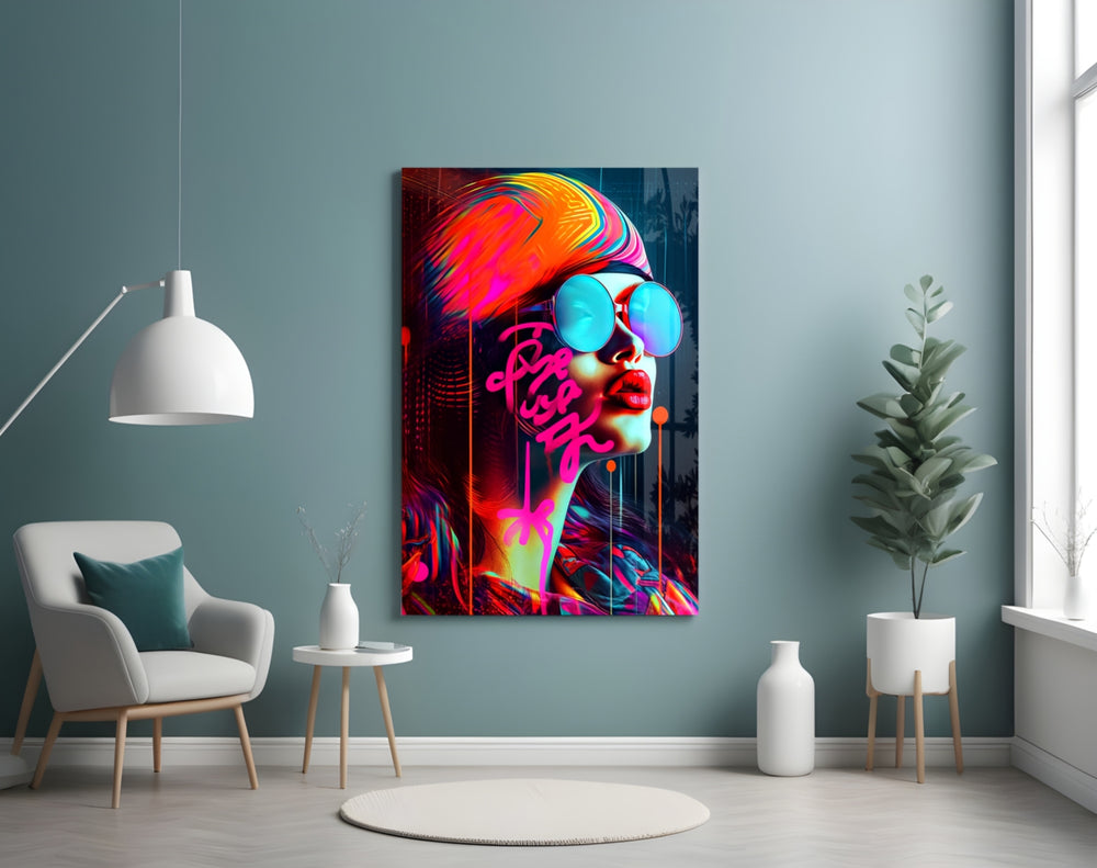 Lips and Looks glass wall art styled above a sideboard in a media room