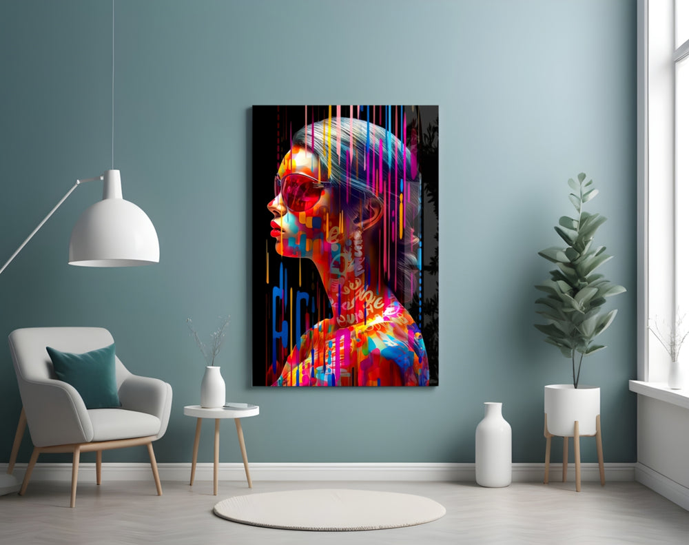 Beauty in Colors glass wall art styled above a sideboard in a media room