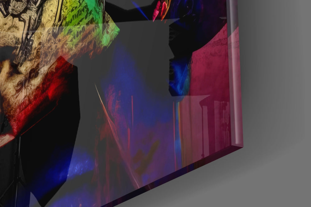 Roguish-muse artwork anchoring a wall with sapphire-and-magenta palette