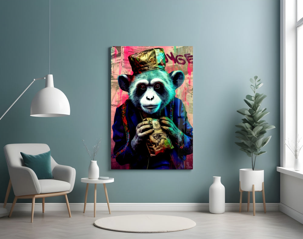Monkey the Worker glass wall art styled above a sideboard in a media room