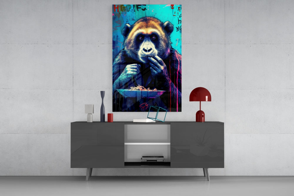 Hungry Monkey panel catching lamp light to reveal its painterly mischief