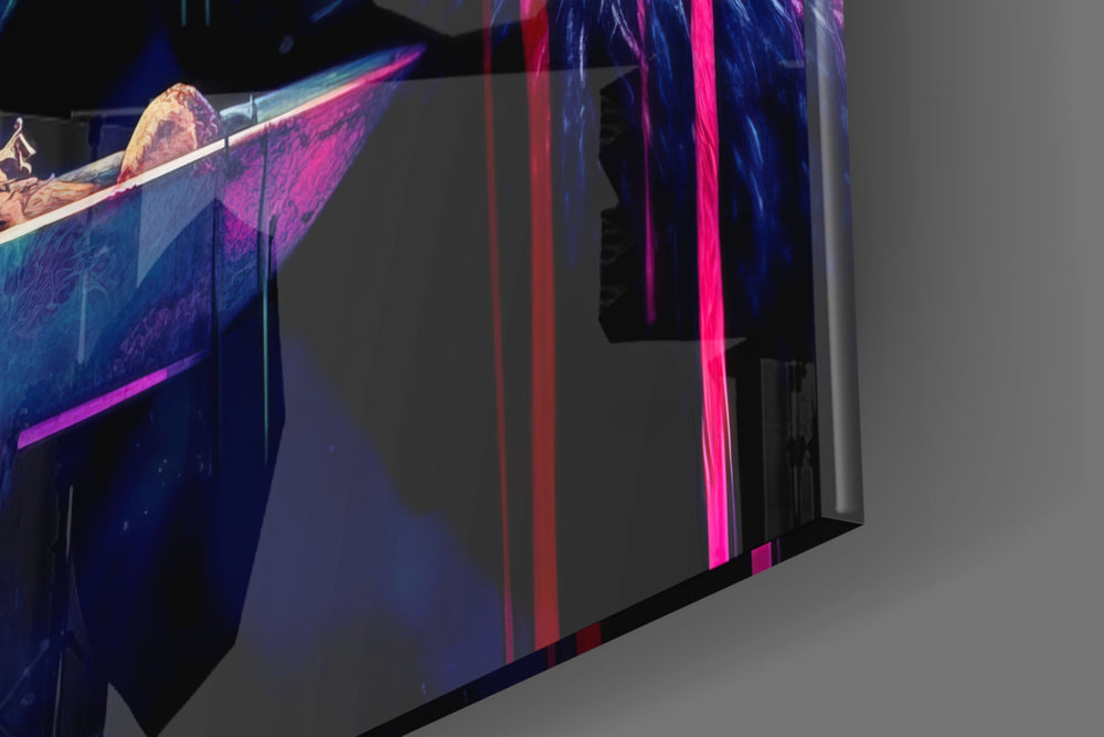 Feast-muse artwork anchoring a wall with teal-and-magenta palette
