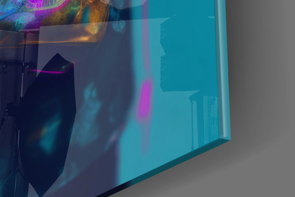 Streetwear-muse artwork anchoring a wall with magenta-and-cyan palette