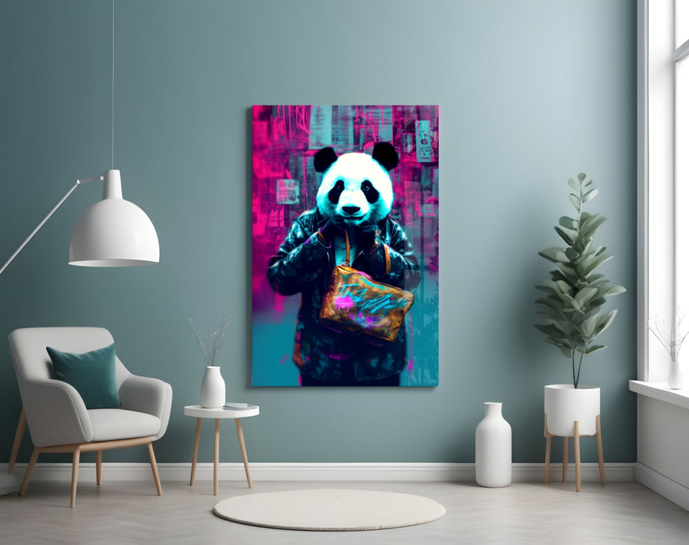 Shopper Panda glass wall art styled above a velvet bench in a salon