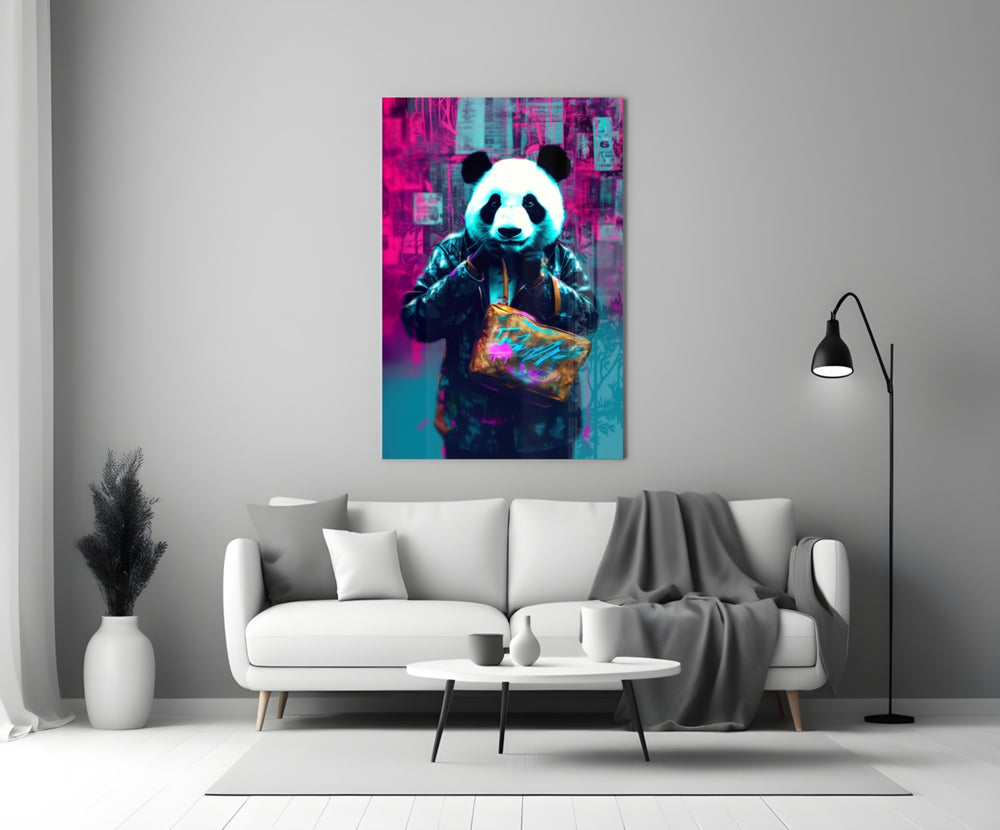 Shopper Panda close-up showing leather satchel and magenta newsprint wall
