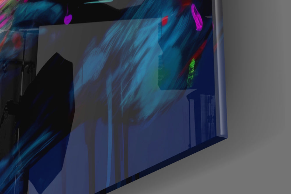 Reader-muse artwork anchoring a wall with crimson-and-cyan palette