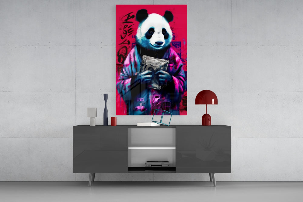 Panda panel catching lamp light to reveal its painterly fire