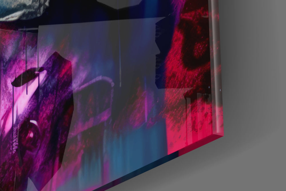 Vault-muse artwork anchoring a wall with scarlet-and-cyan palette