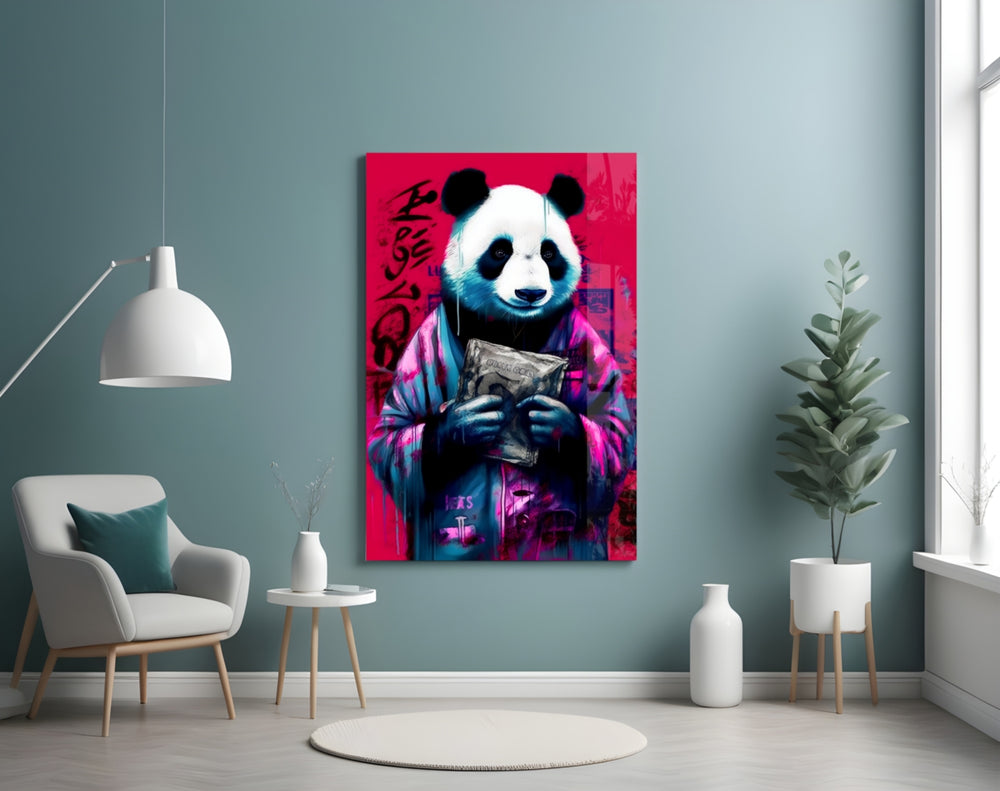 Panda glass wall art styled above a desk in a teen bedroom