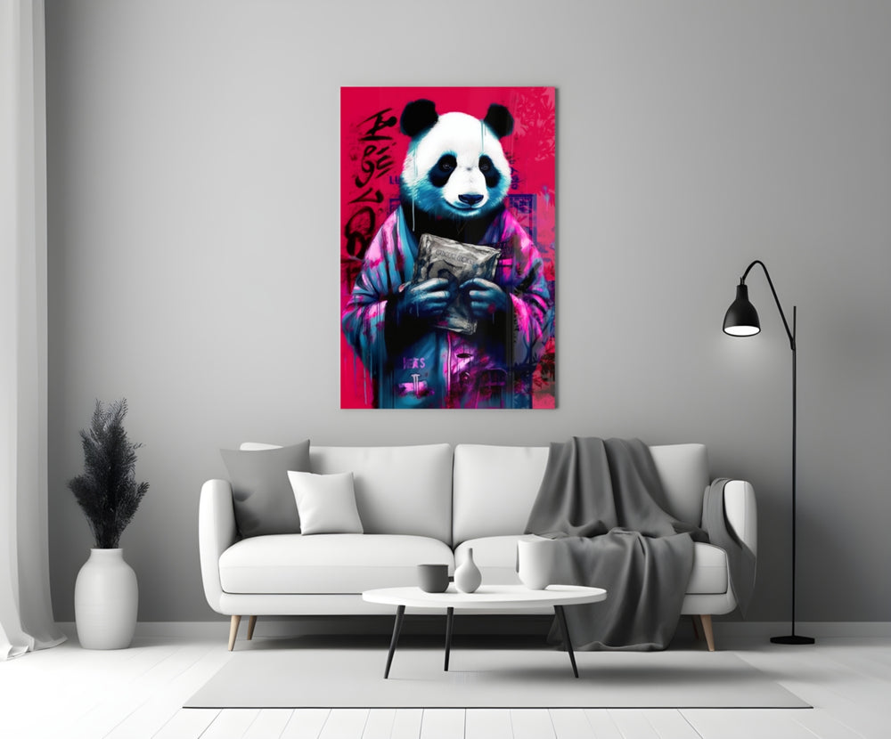 Panda close-up showing magenta-cyan drip and scarlet graffiti wall