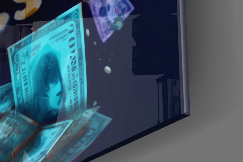 Windfall-muse artwork anchoring a wall with cyan-and-scarlet palette