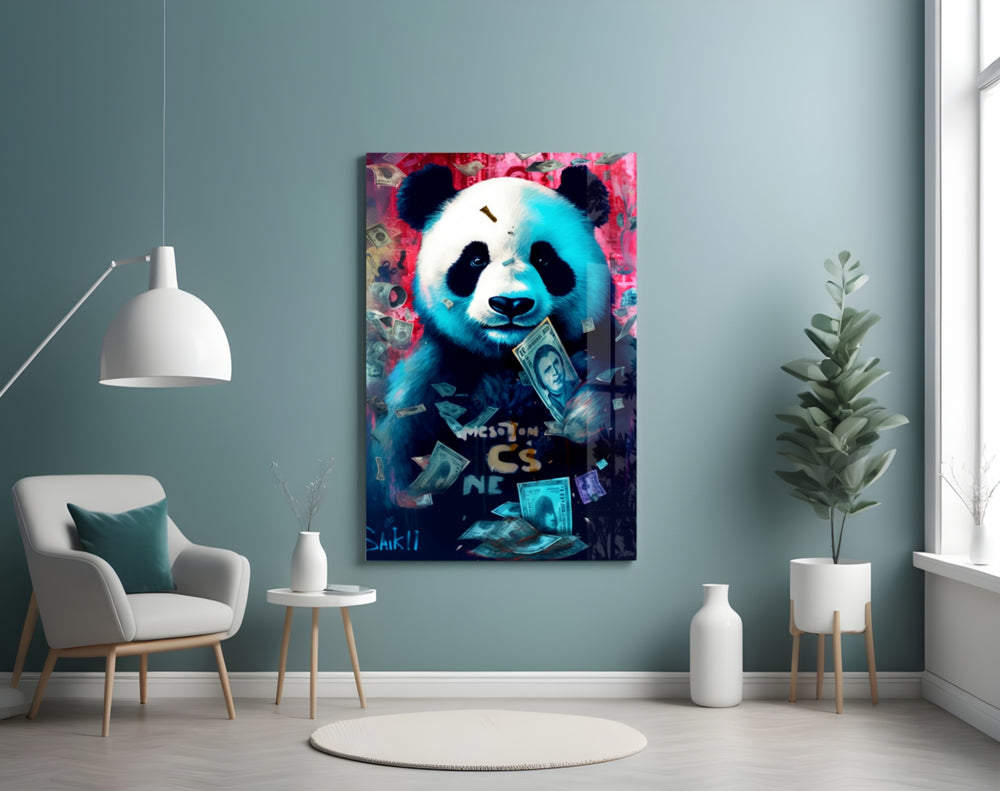 Rich Panda glass wall art styled above a sideboard in a media room