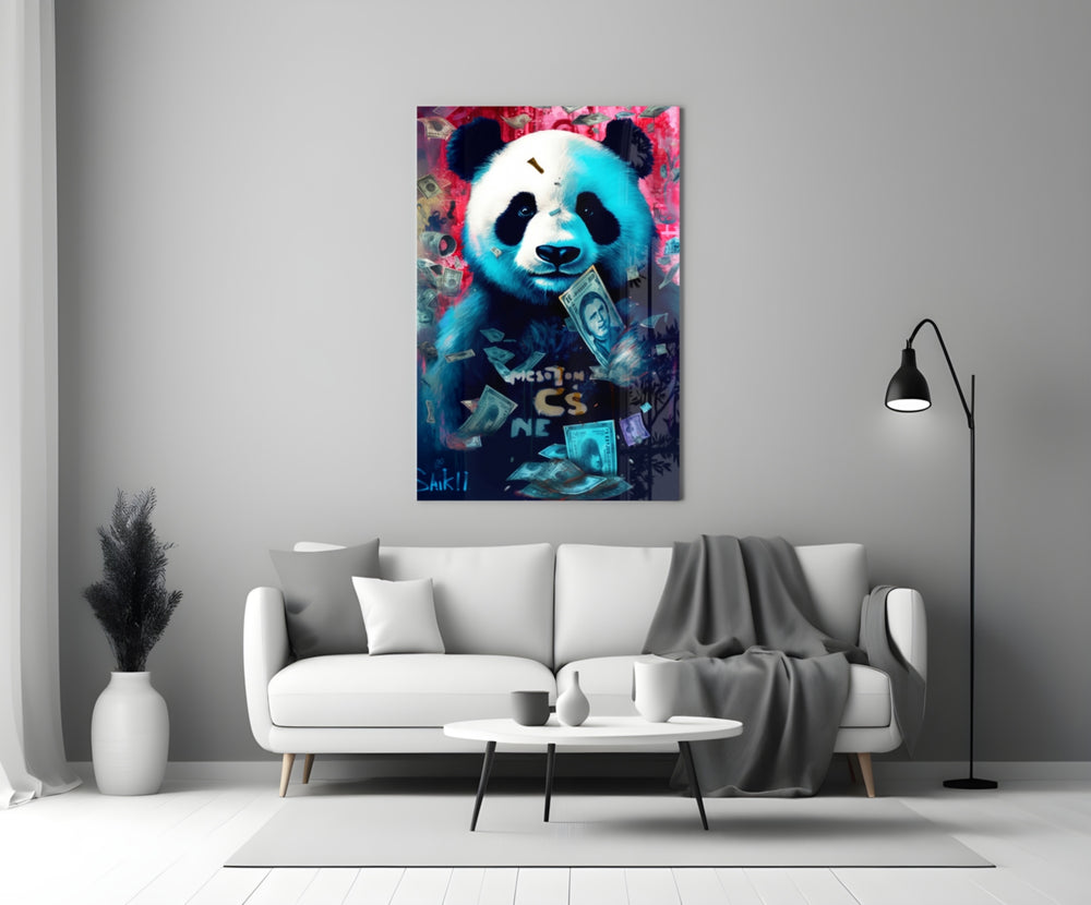 Rich Panda close-up showing falling dollar bills and cyan rim