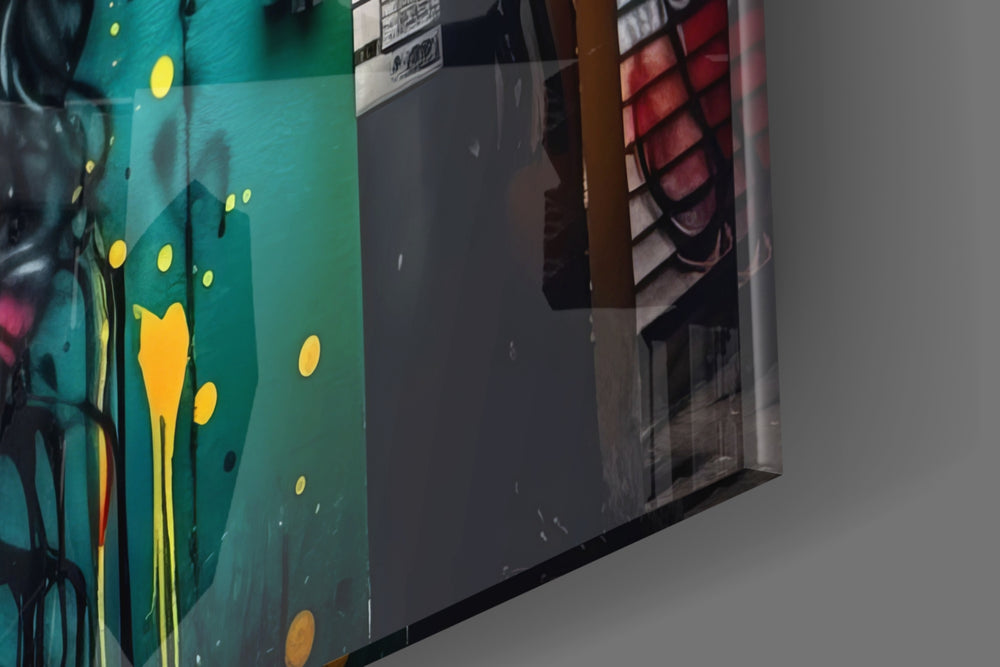 Graffiti-muse artwork anchoring a wall with saffron-and-cyan palette