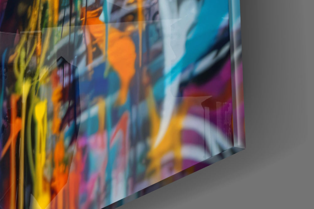 Graffiti-muse artwork anchoring a wall with cyan-and-magenta palette