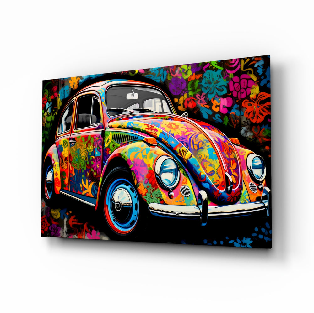 Flowering VW glass wall art displayed above a daybed in a child's bedroom