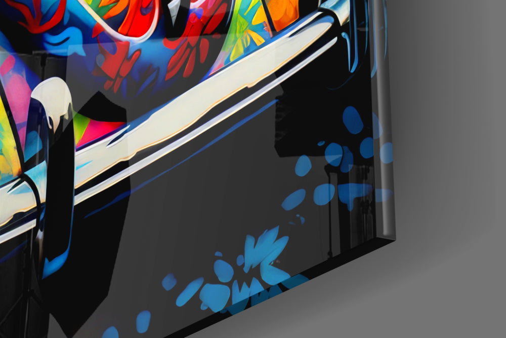 Flower-power-muse artwork anchoring a wall with scarlet-and-emerald palette