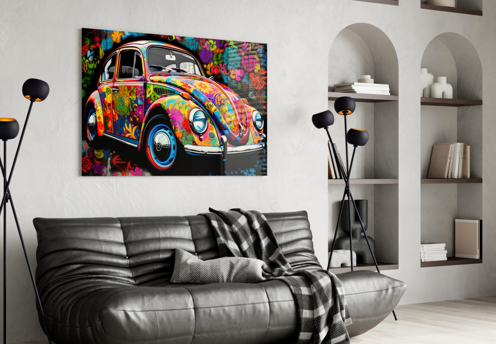 Flowering VW glass wall art styled above a sideboard in a media room