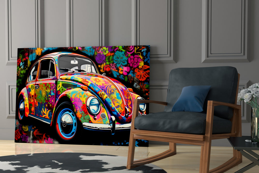 Flowering VW glass print enhancing a den with retro-modern palette
