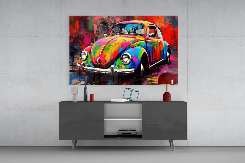 Colorful VW panel catching lamp light to reveal its painterly cheer